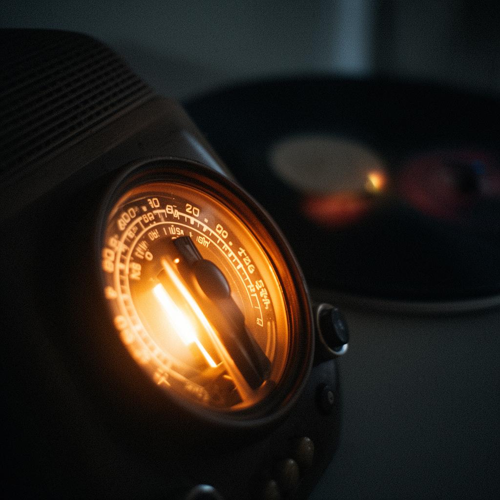 A glowing vintage radio dial